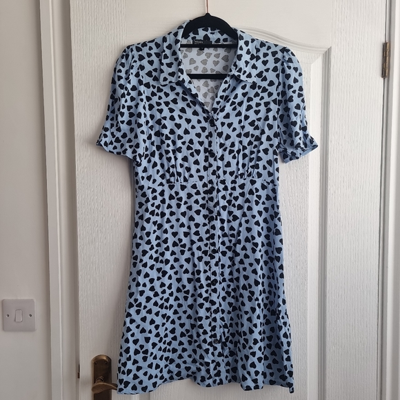 Nobody's Child Dresses & Skirts - Nobody's Child Pale Blue Mini Shirt Dress with Black Heart Print